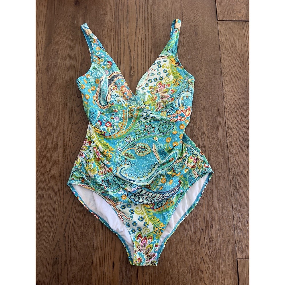 Ralph Lauren Women Underwire Blue Green Paisley Shirred One Piece Swimsuit 14